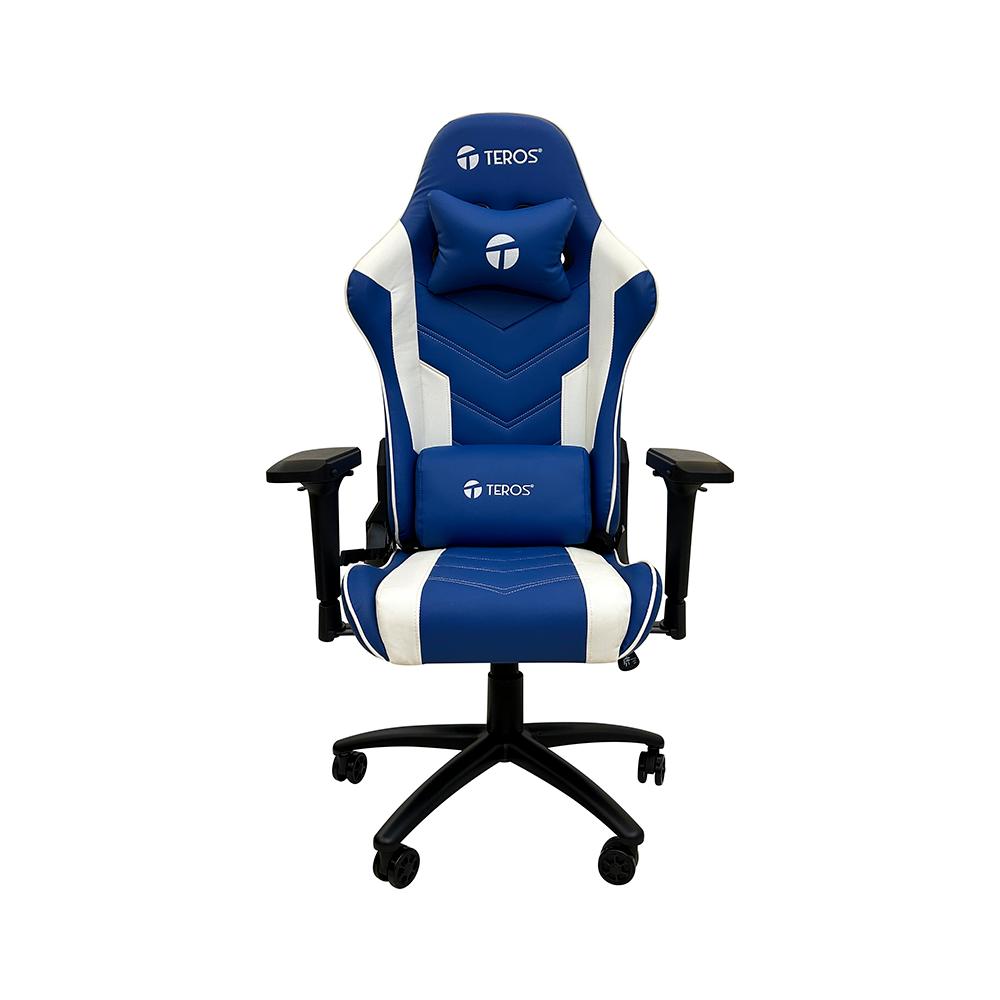 Silla gamer Teros TE-8126B con diseño azul y blanco, comodidad y soporte ergonómico