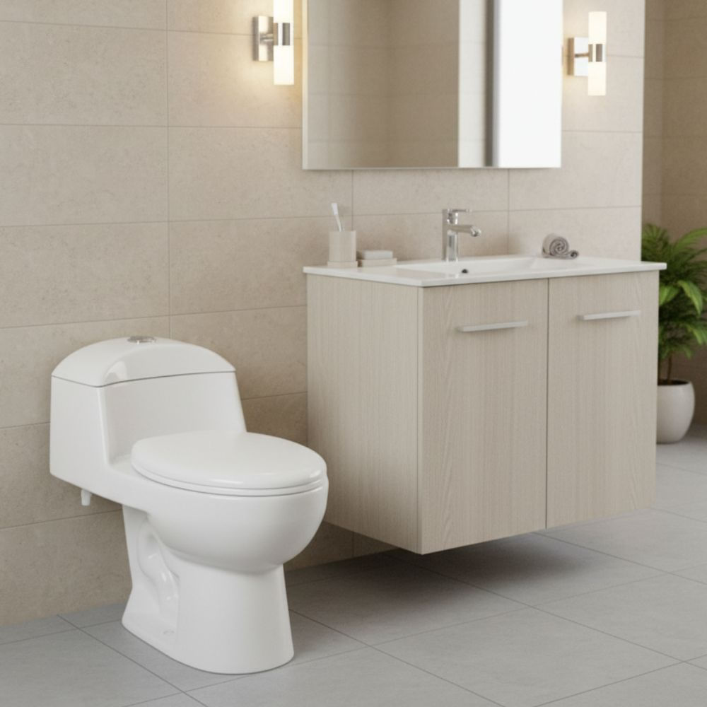 COMBO Inodoro One Piece Ártico Blanco Orange + Vanitorio + Lavatorio Apolo MDP Beige Orange