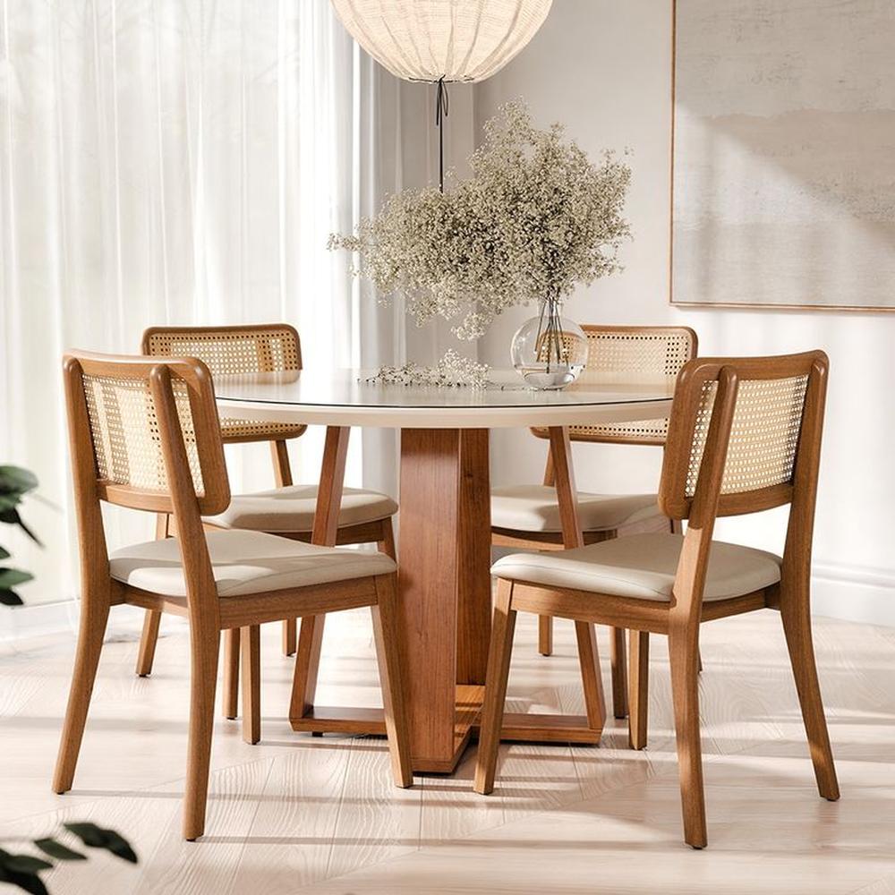 COMEDOR 4 SILLAS REDONDO MADERA 1.2 RATTAN LINO BEIGE