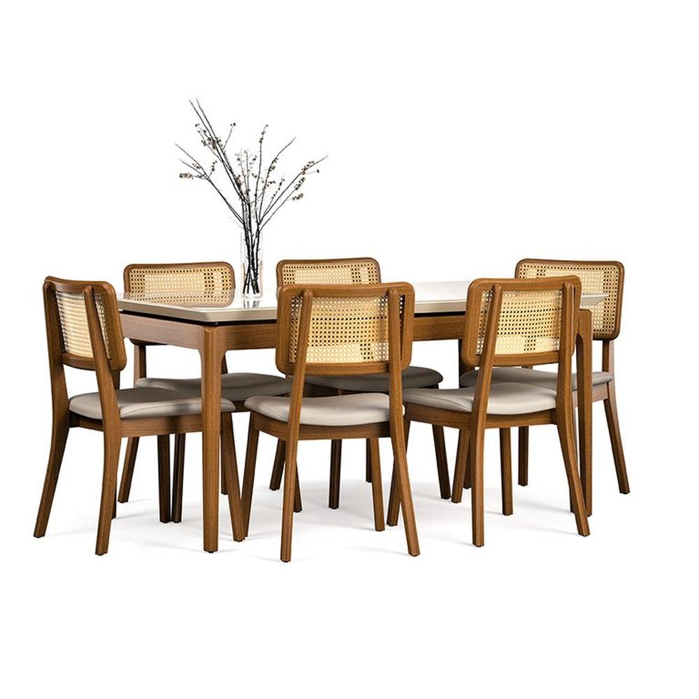 COMEDOR 6 SILLAS MADERA RATTAN LINO BEIGE