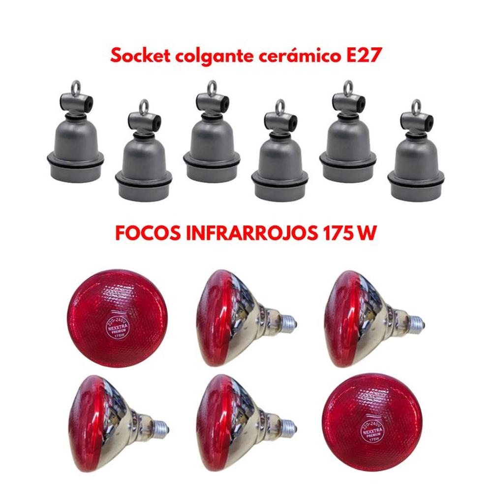 Pack 6 Socket Cerámico Modelo E27 y 6 Foco Infrarrojo 175w