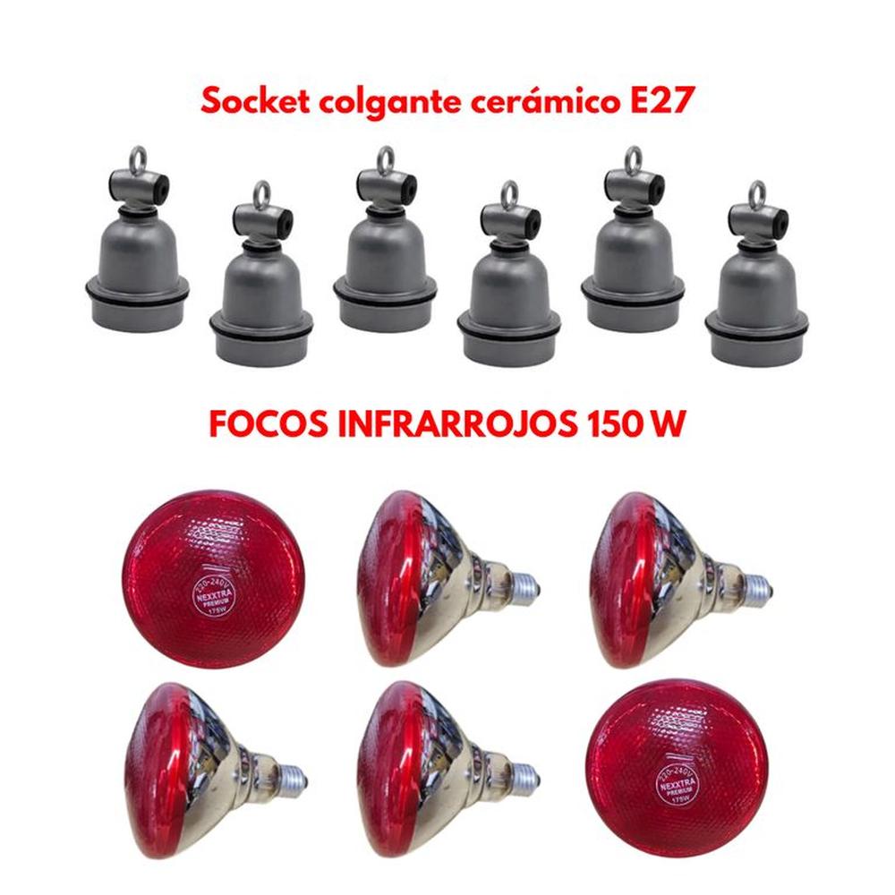 PACK 6 SOCKET CERÁMICO MODELO E27 Y 6 FOCO INFRARROJO 150W