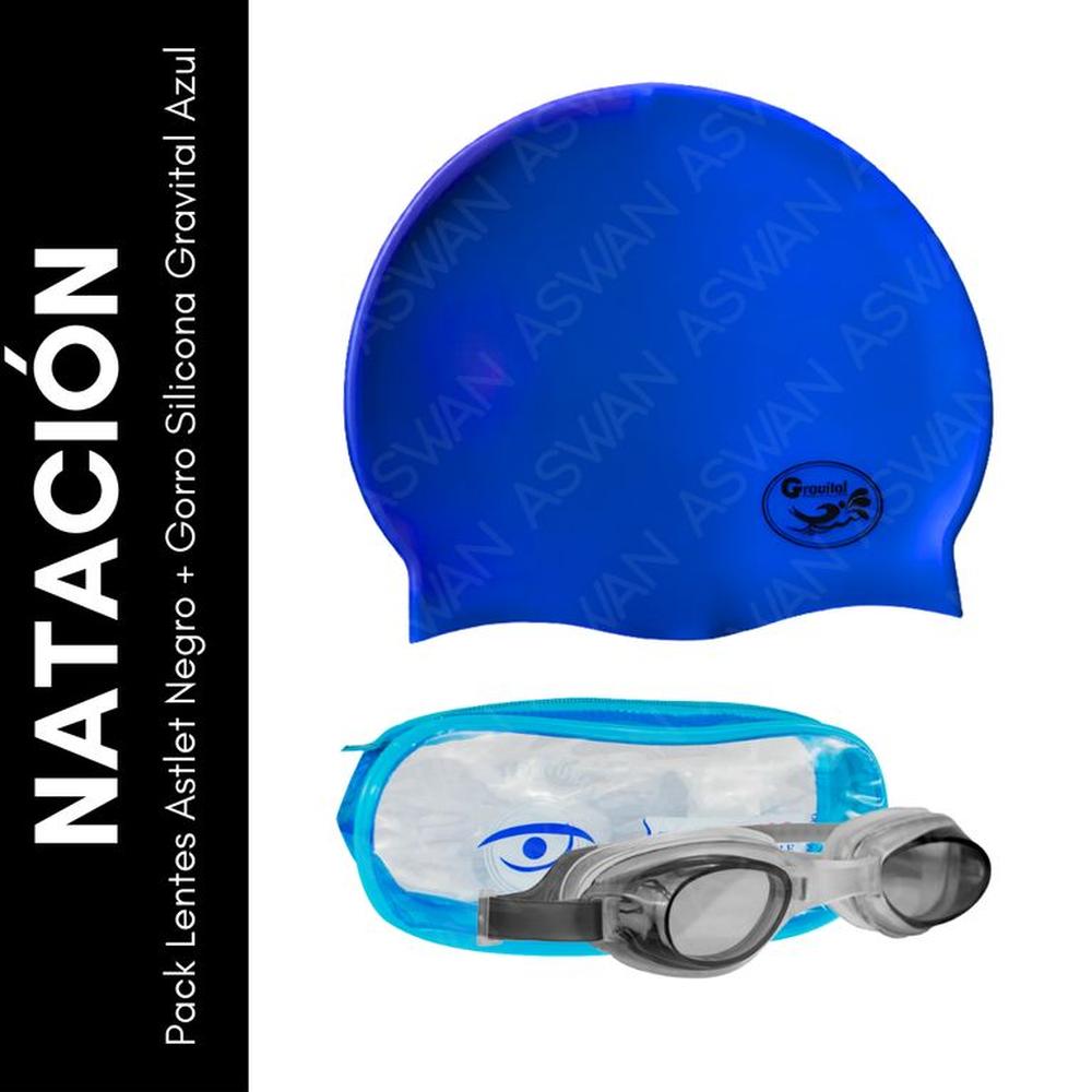 Pack Lentes Astlet Negro + Gorro Silicona Gravital Azul