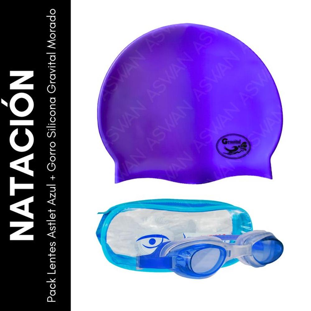 Pack Lentes Astlet Azul + Gorro Silicona Gravital Morado