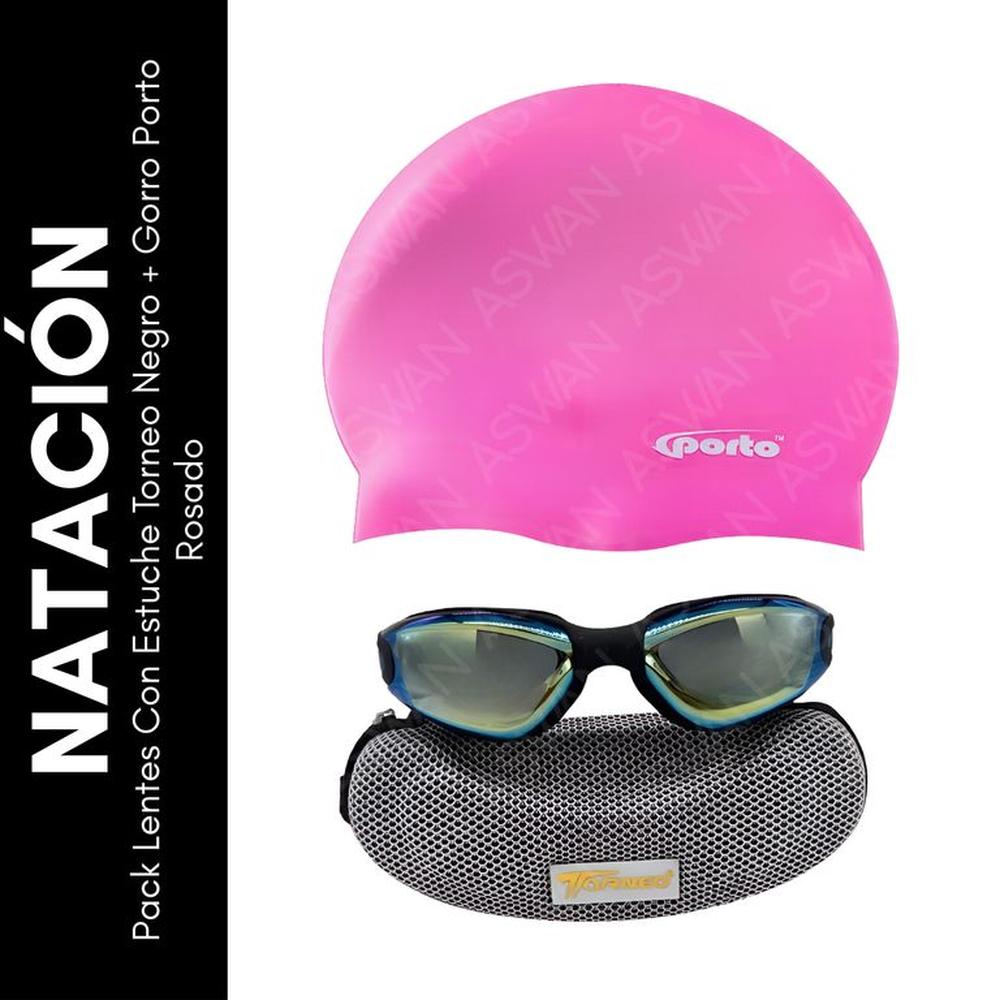 Pack Lentes Con Estuche Torneo Negro + Gorro Porto Rosado