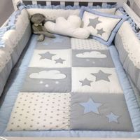 Set De Cuna  -  Diseño Nubes y estrellitas bordado - celeste