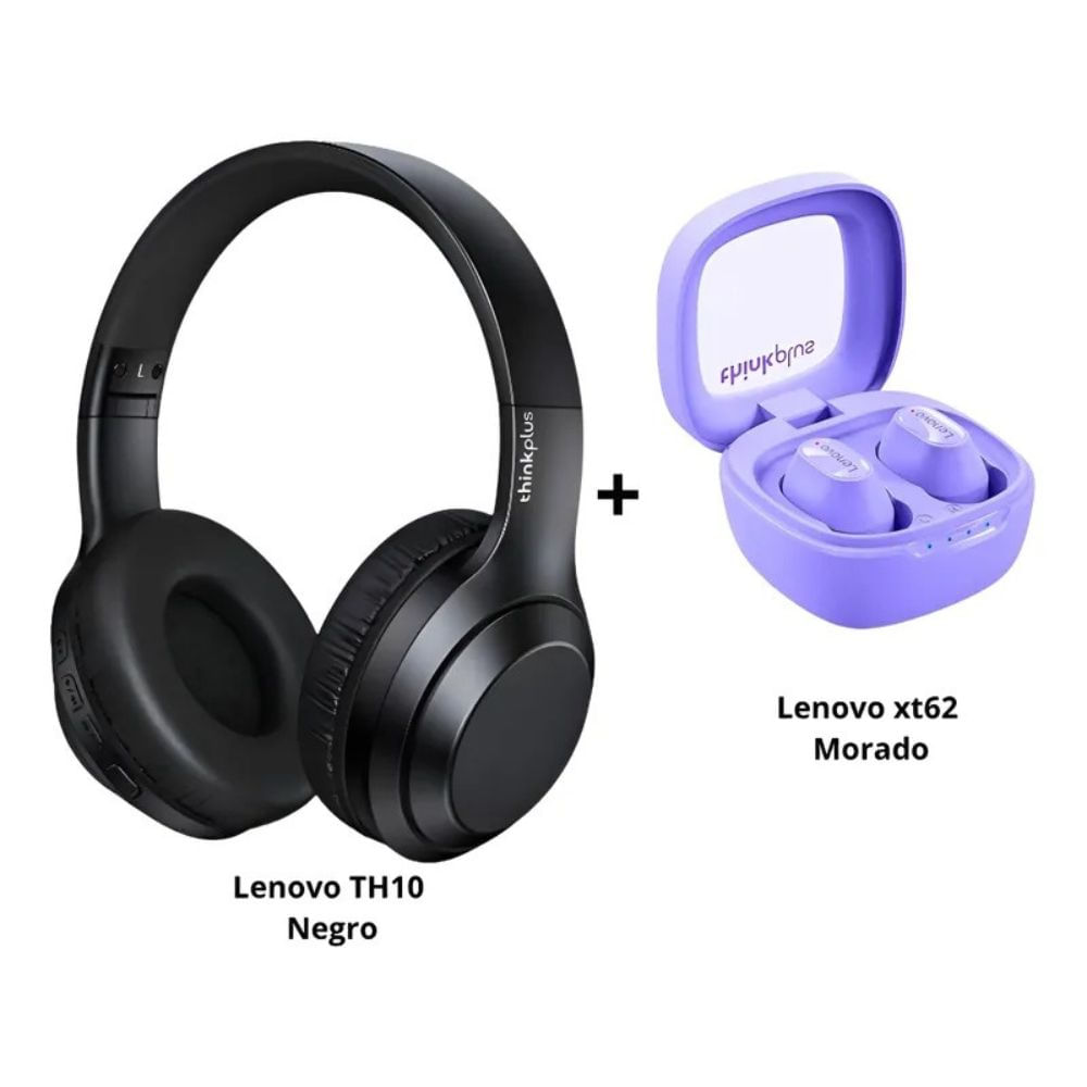Audífonos Lenovo Th10 Negro + Audífonos Tws Lenovo Xt62 Violeta