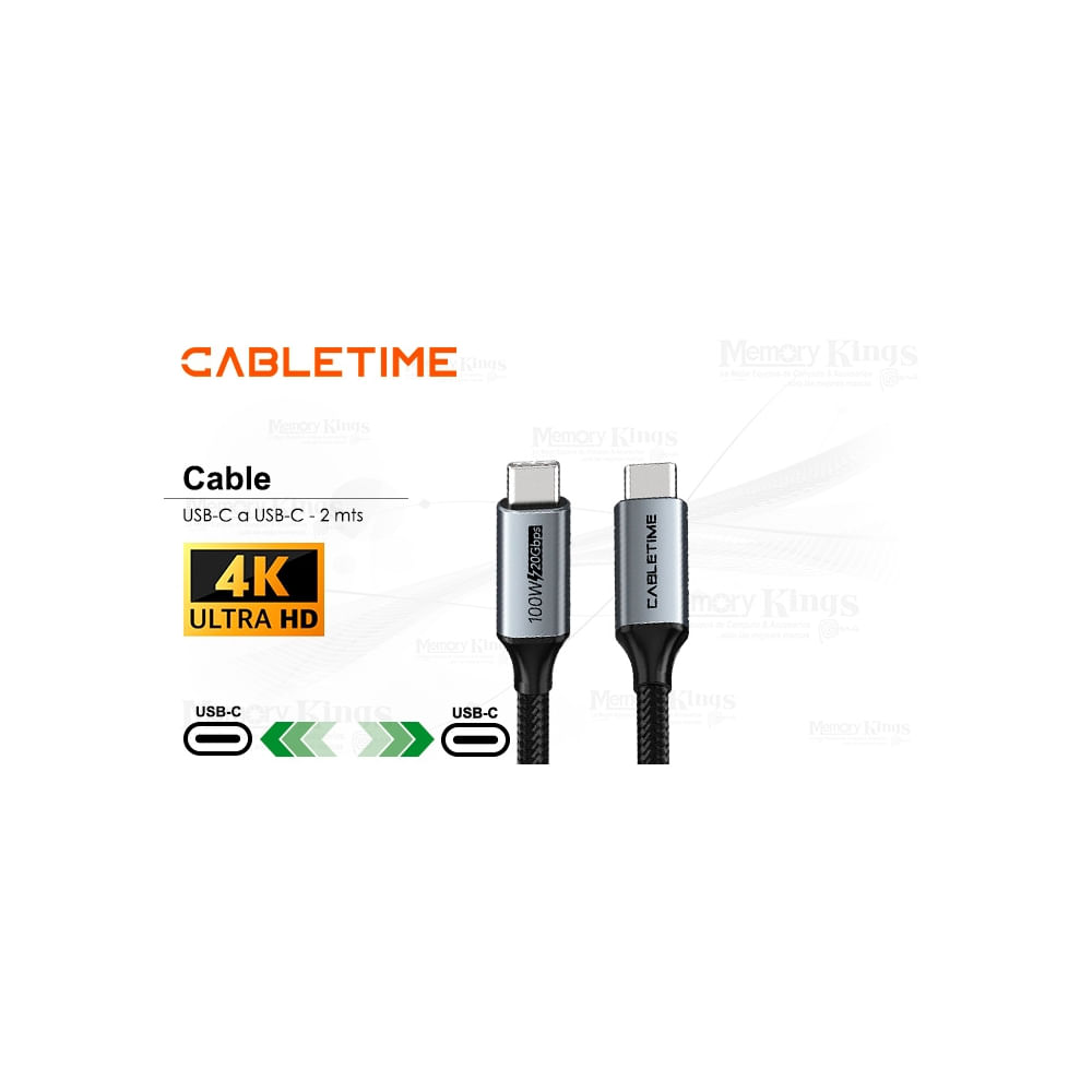 Cable USB-C a USB-C 2m CABLETIME CU20L 4K 100W - Alta velocidad y carga rápida para tus dispositivo