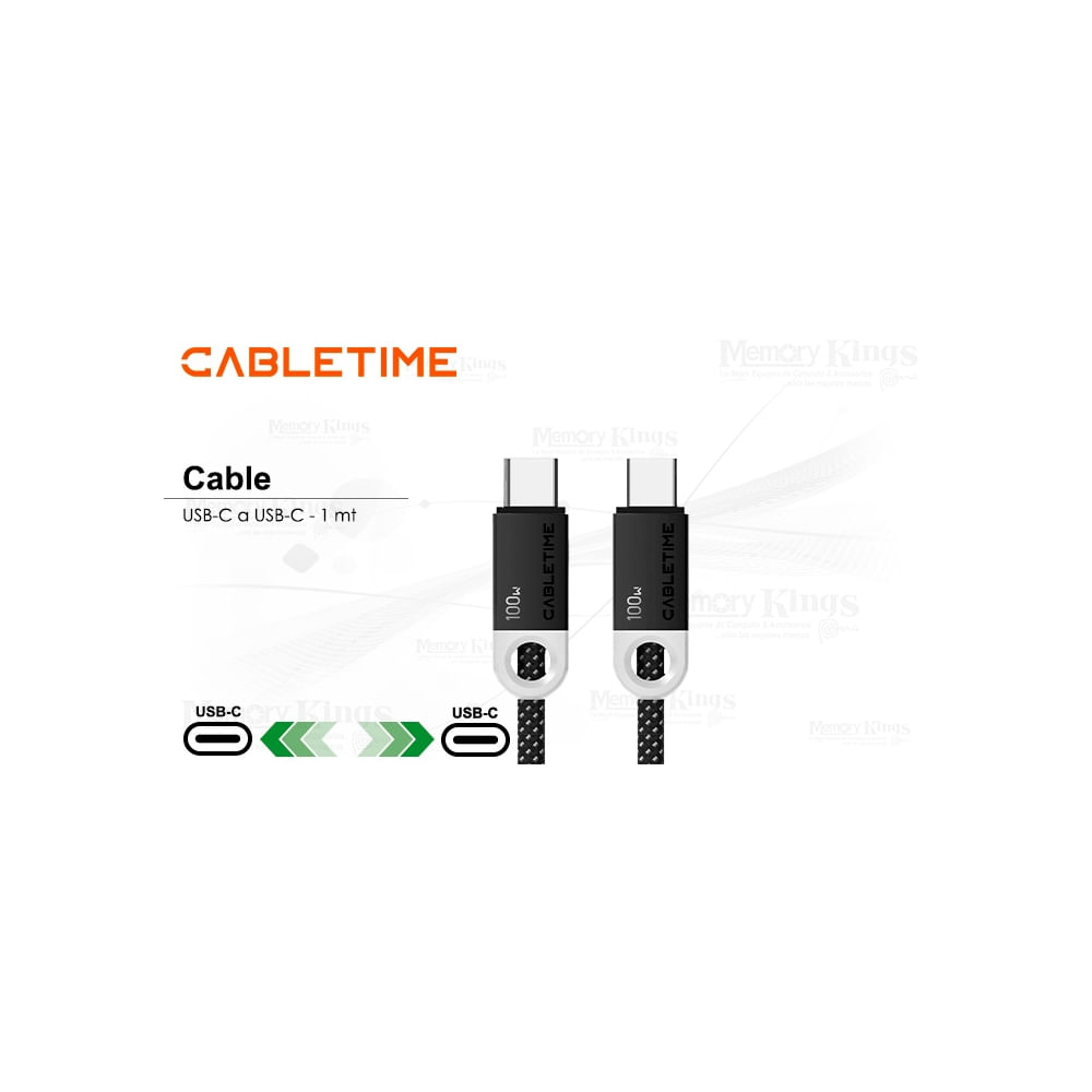 Cable USB-C a USB-C 1m CABLETIME 100W de alta velocidad en color negro - Ideal para carga rápida