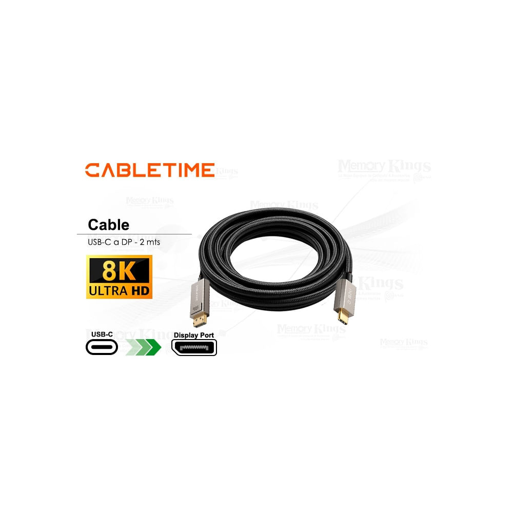 Cable USB-C a DP 2 metros CABLETIME CC23L, 8K 144Hz, alta velocidad y calidad de imagen