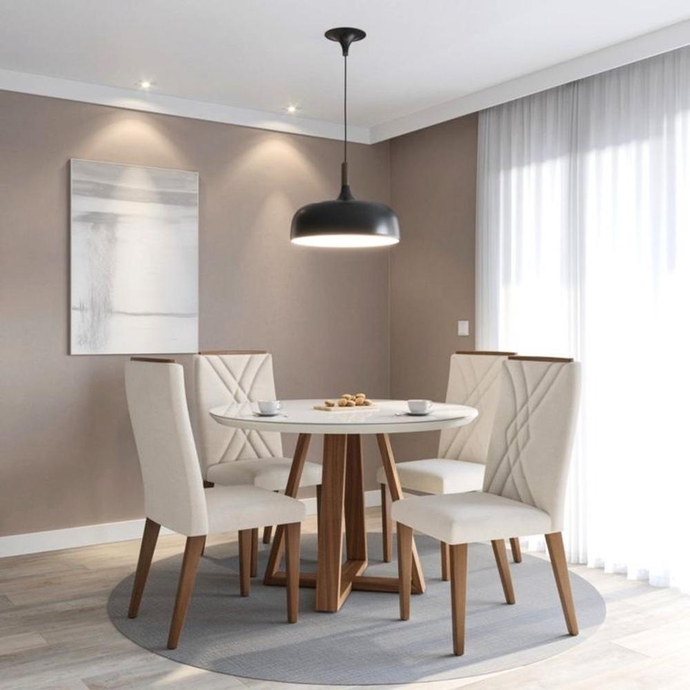 COMEDOR 4 SILLAS 1.15 REDONDO MEGAN OFF WHITE & VIDRIO PATAS MADERA
