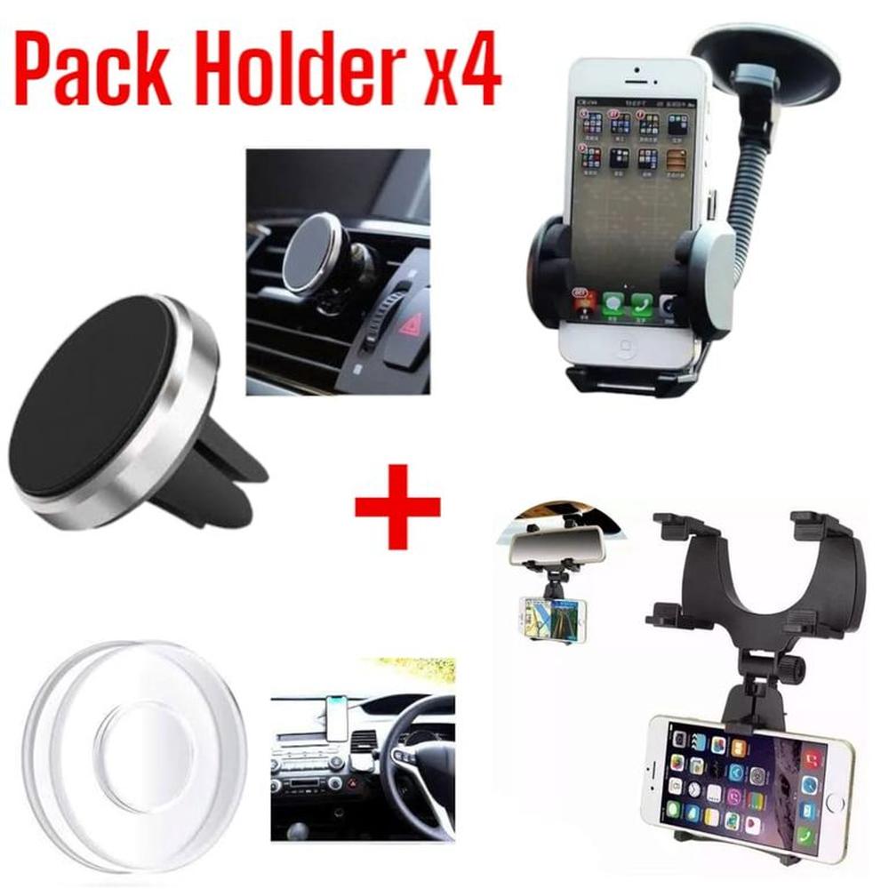 Combo x4 Holders Auto + Retrovisor Ventosa + Adhesivo Gel y Magnetico