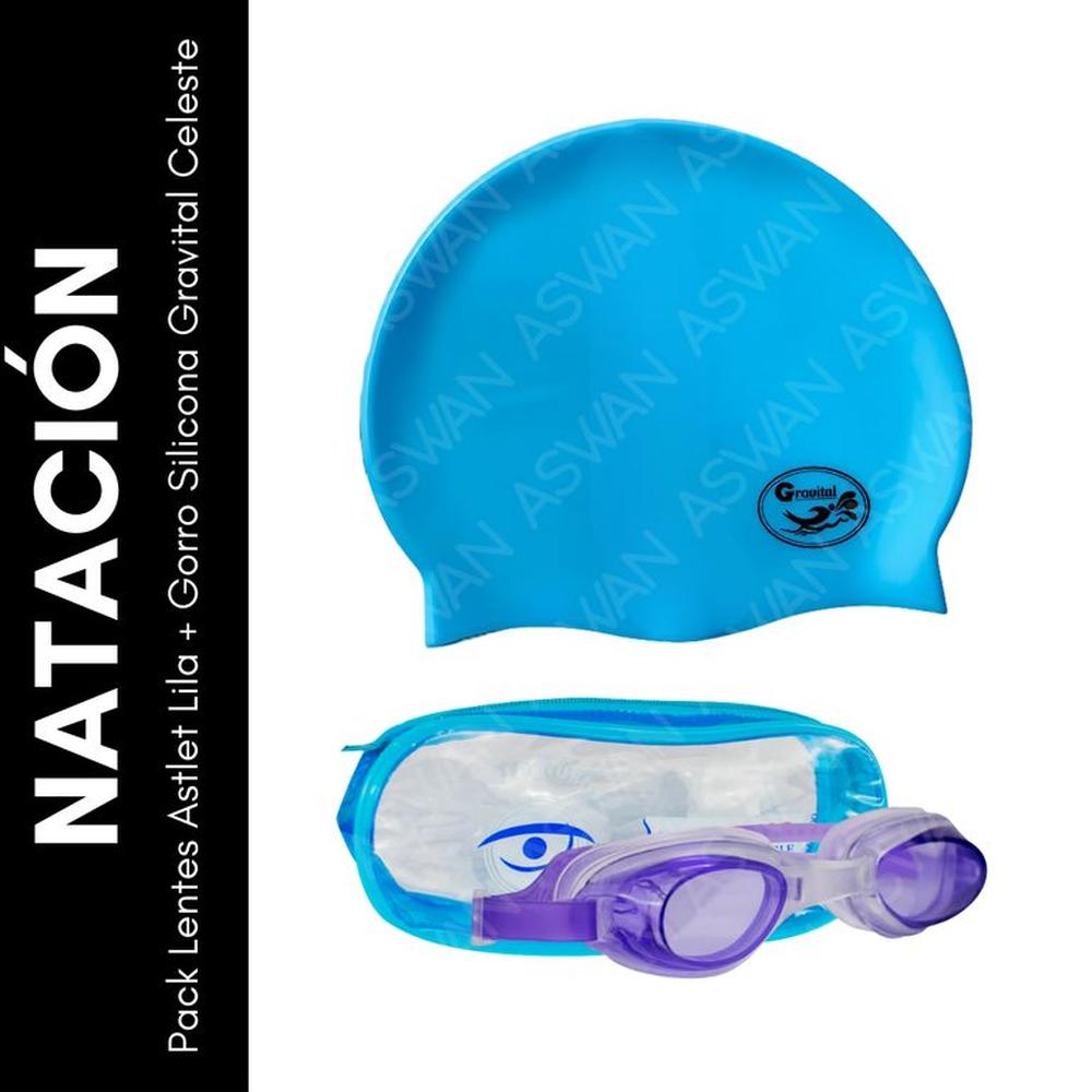 Pack Lentes Astlet Lila + Gorro Silicona Gravital Celeste
