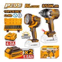 KIT LLAVE IMPACTO BRUSHLESS INGCO 850NM + LINTERNA PORTÁTIL LED INGCO + 2 Baterías 5AH COSLI241181