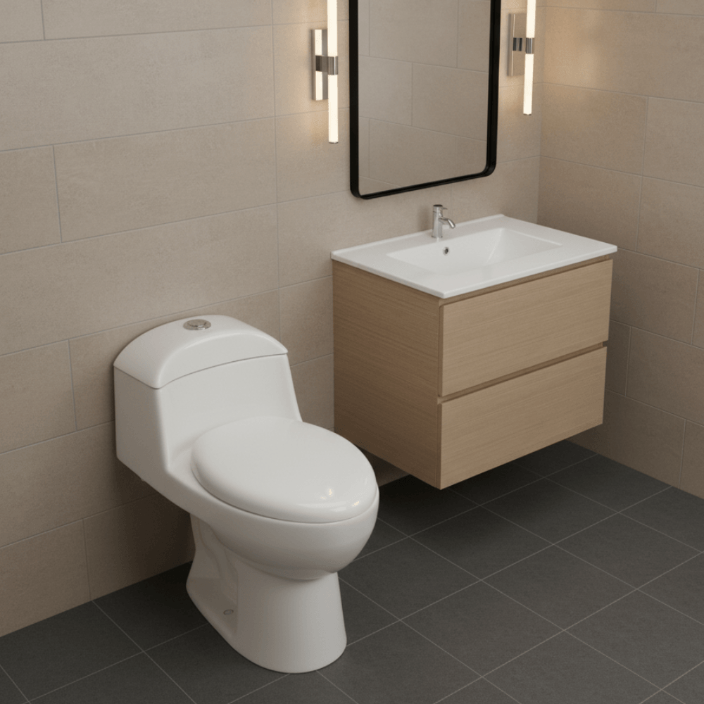 COMBO Orange: Inodoro one piece Ártico Blanco + Vanitorio Milan 60cm Miel