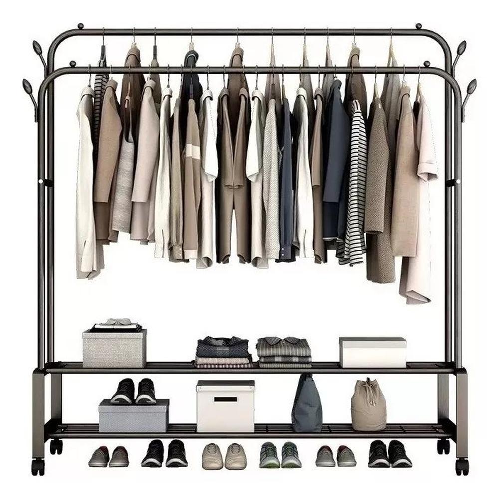 Carril De Ropa Doble con Estantes De 2 Niveles Perchero PREMIUM