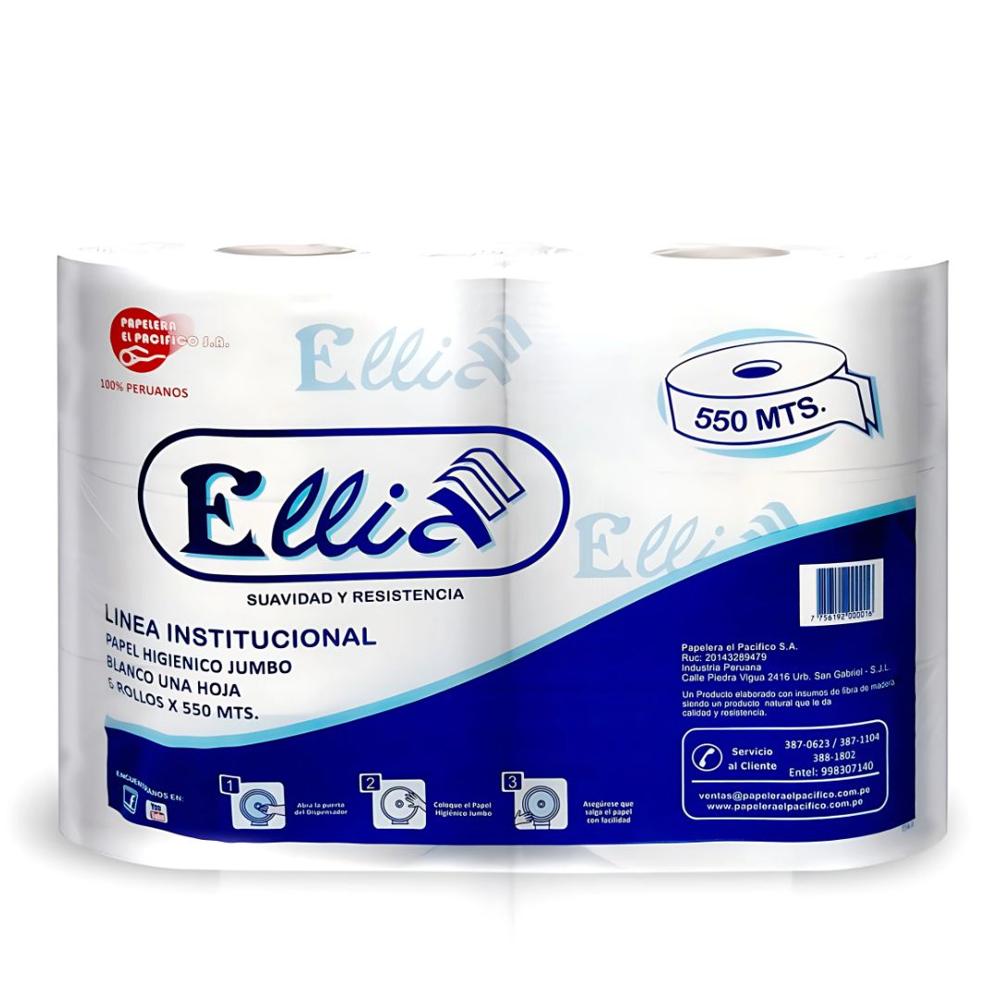 Papel Higiénico Jumbo Ellia 550 mt 100% Celulosa por 6 Rollos