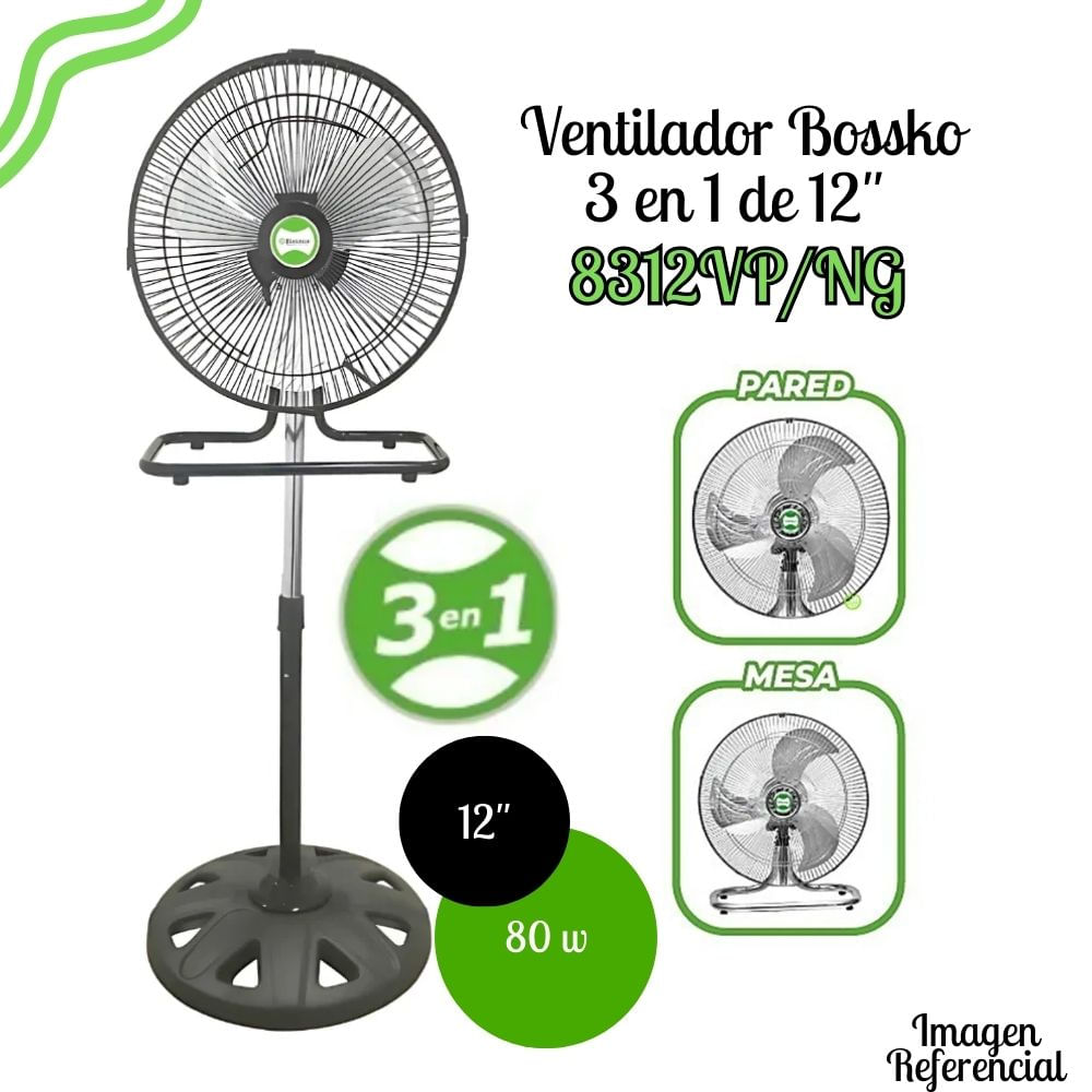Ventilador Bossko de 12"" - 3 en 1 BK-8312VP– NEGRO