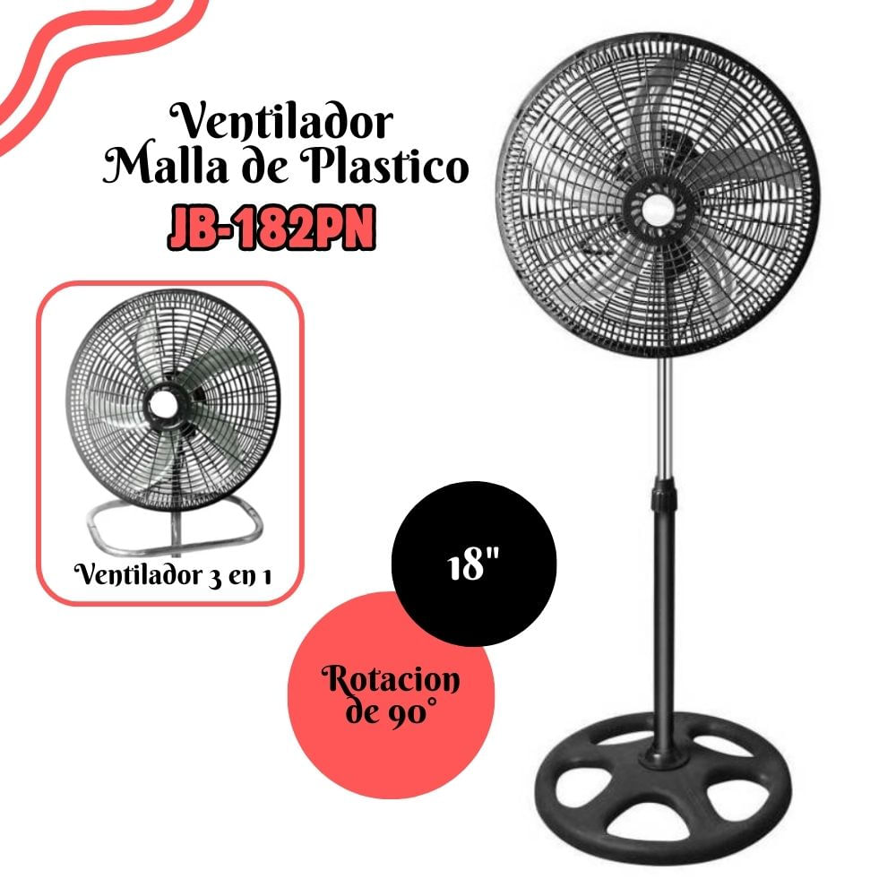 Ventilador  de 5 Aspas Metalicas Malla Plastica 3 en 1 de18""