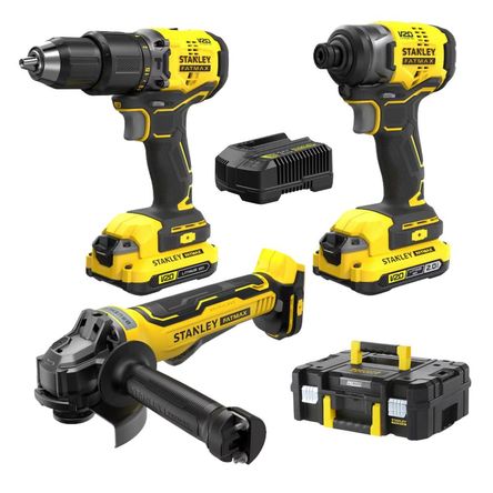 Taladro Percutor + Atornillador de Impacto + Amoladora 20v Stanley SBDI465D2T-B2/SBG700-B2 Taladro Percutor + Atornillador de Impacto + Amoladora 20v Stanley SBDI465D2T-B2/SBG700-B2