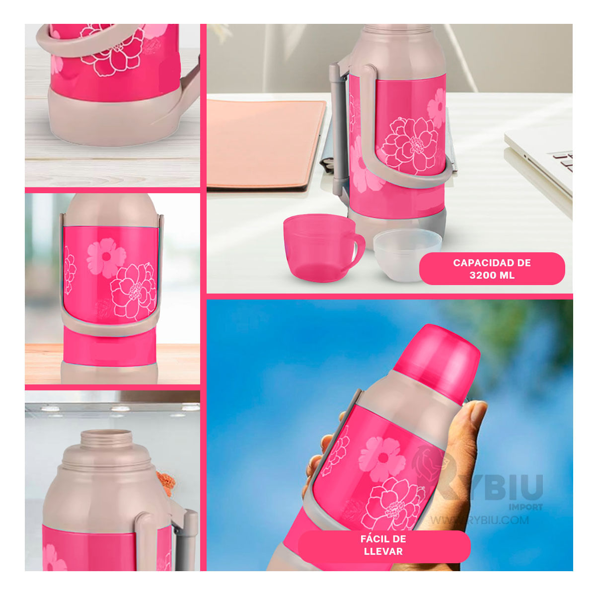 Termo Funcional de Flores en Color Rosado Y+Stickers