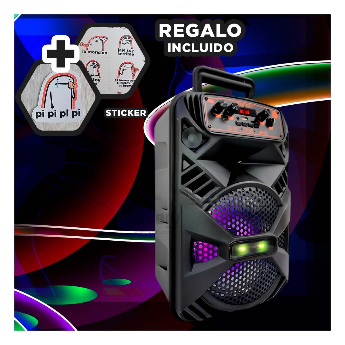 Bocina Compacta con Bluetooth en Color Negro Y+Stickers