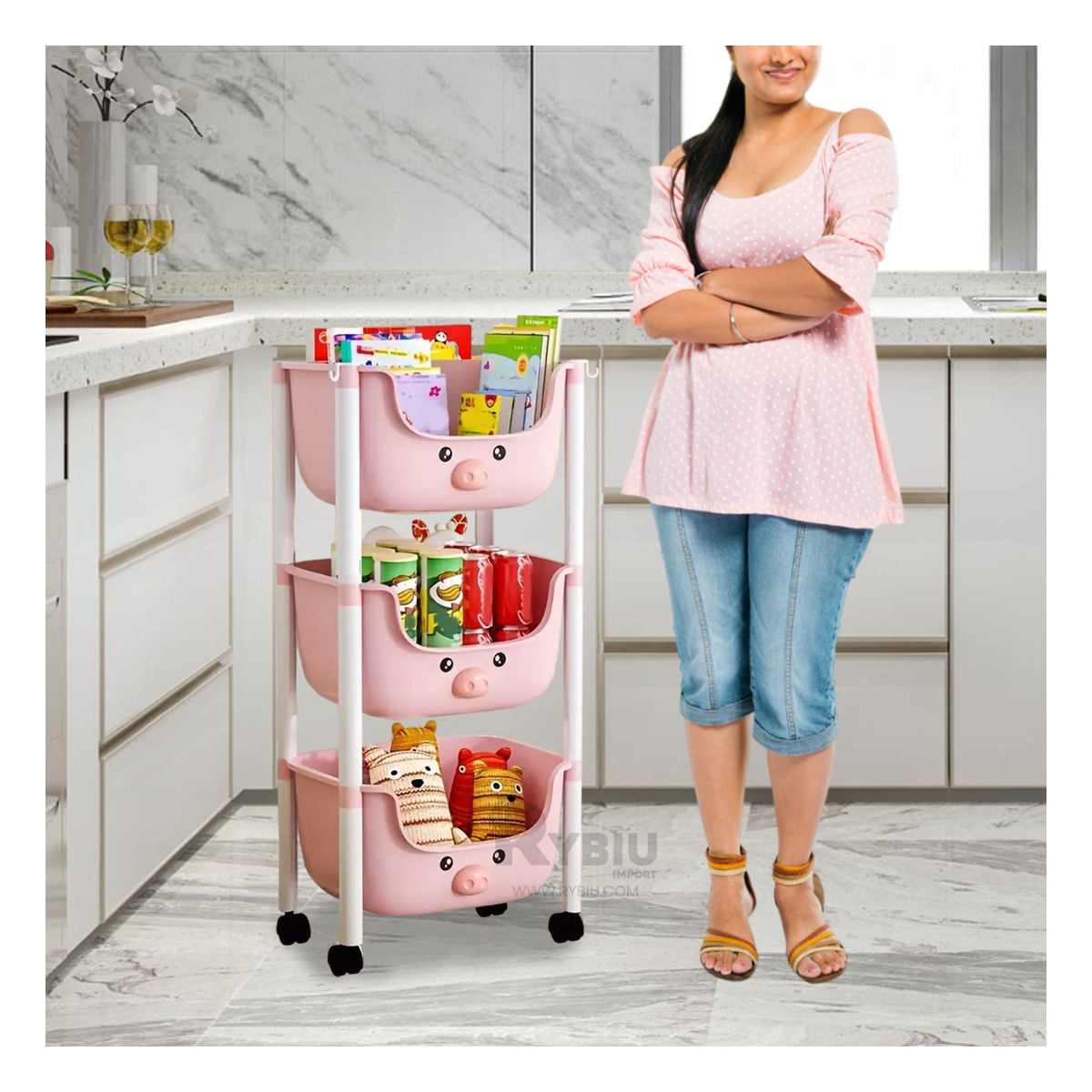 Organizador Kawaii de Chancho con 3 Niveles de Color Rosado