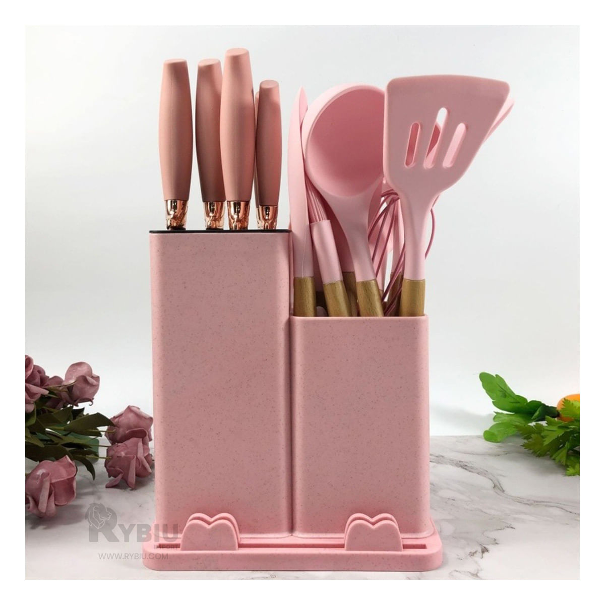 Set de Cocina de 18 Utensilios en Color Rosado