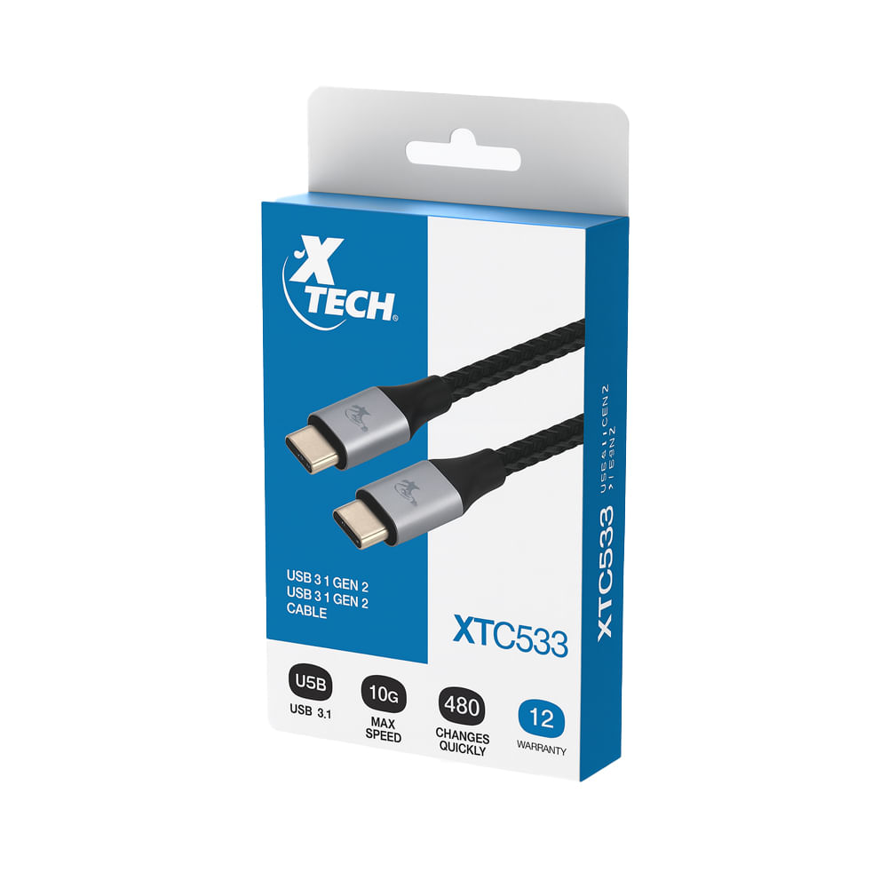 Cable USB Type C Xtech 3.66 m trenzado negro y plateado para carga rápida y transferencia de datos