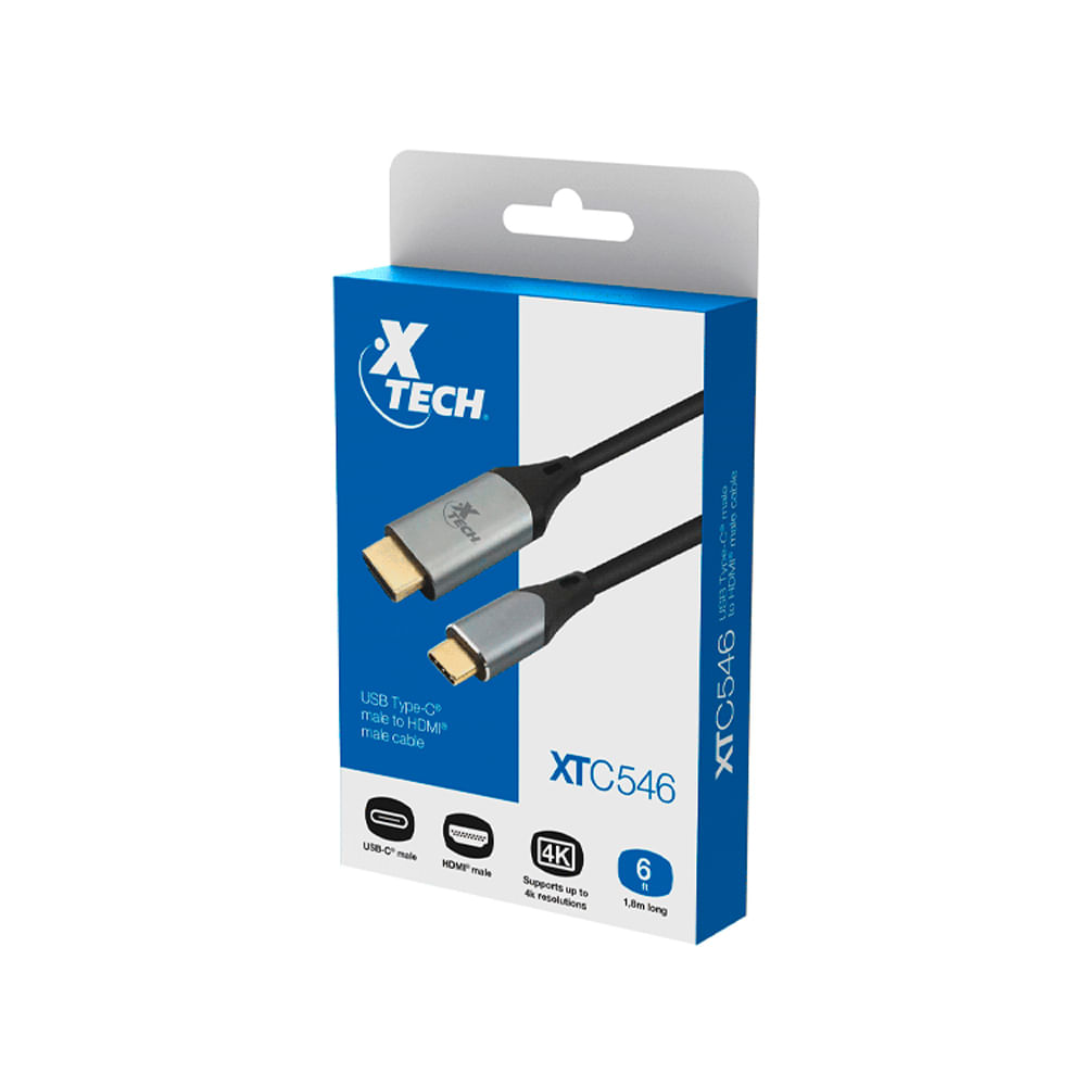 Cable USB Type C a HDMI Xtech 1.8m en negro y plata - Conexión C macho a HDMI macho, ideal para str