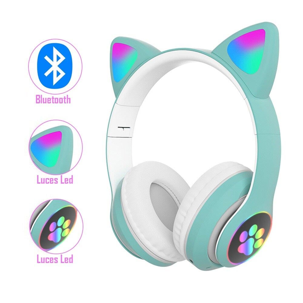 Audífono Bluetooth Gato con Luz Turquesa