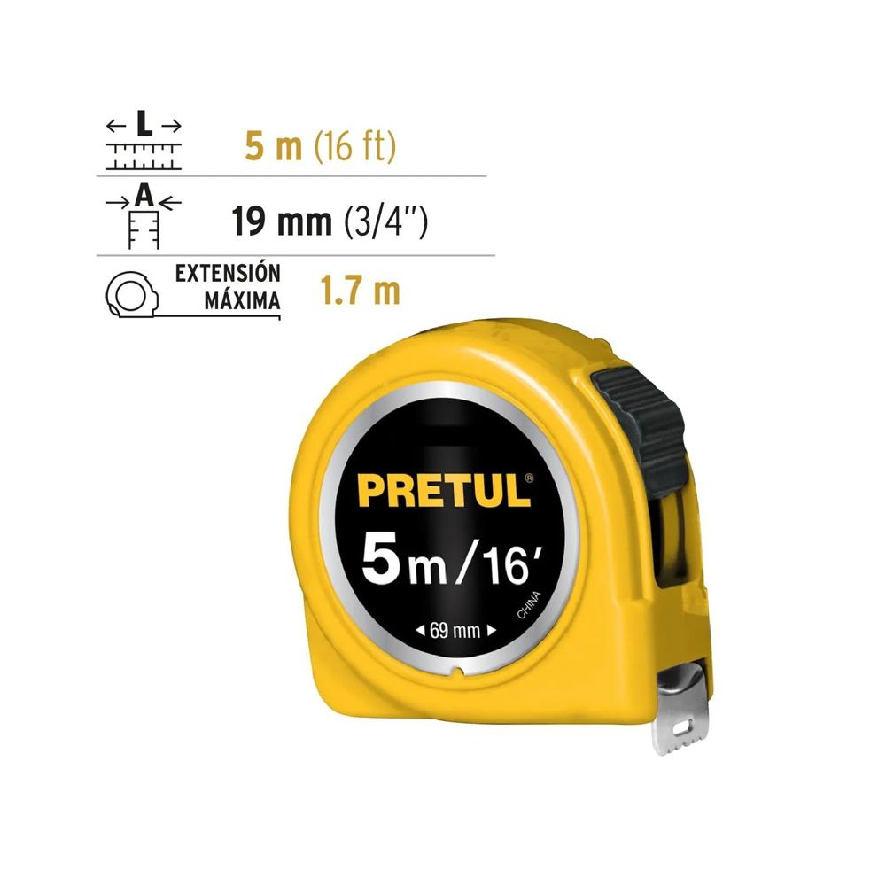 Wincha Cinta Métrica 5 Metros Amarillo PRETUL