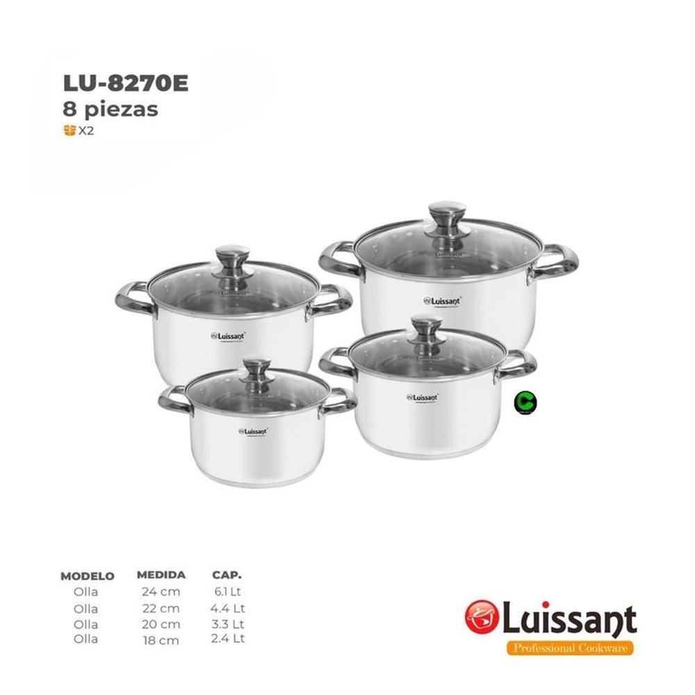 Set de ollas LUISSANT Acero Inoxidable LU-8270E 08 Piezas