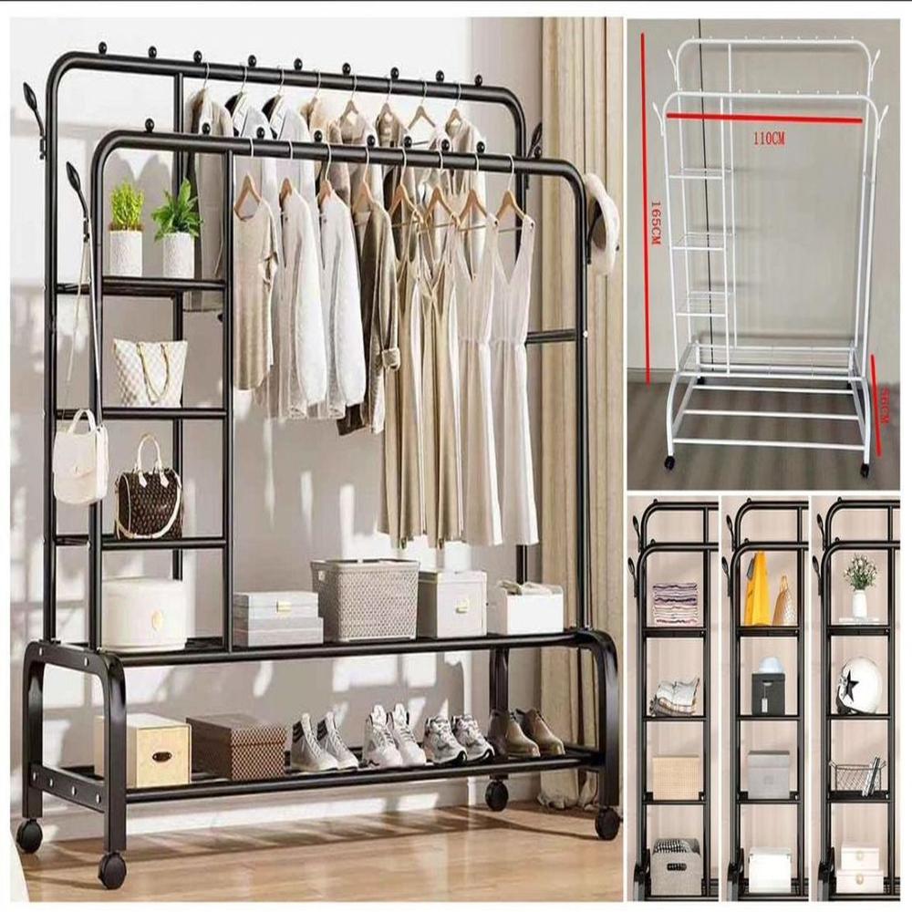Perchero para Ropa de Doble Barra 3 en 1 con Ruedas y Estante