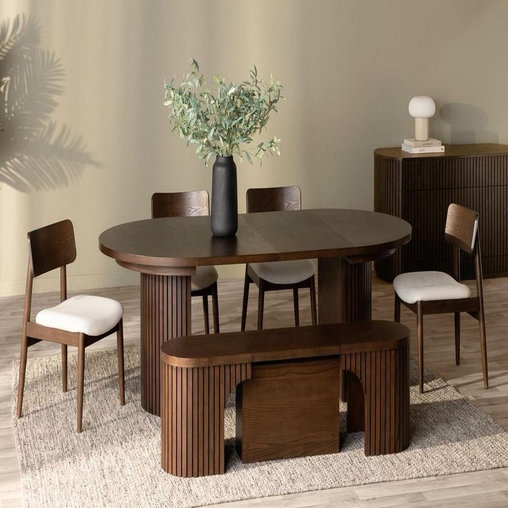 JUEGO DE COMEDOR 4 SILLAS + BANQUETA NAPOLEON NOGAL