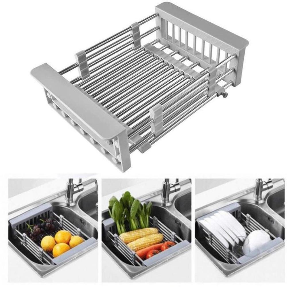 Escurridor retráctil extensible de acero inoxidable para frutas y verduras
