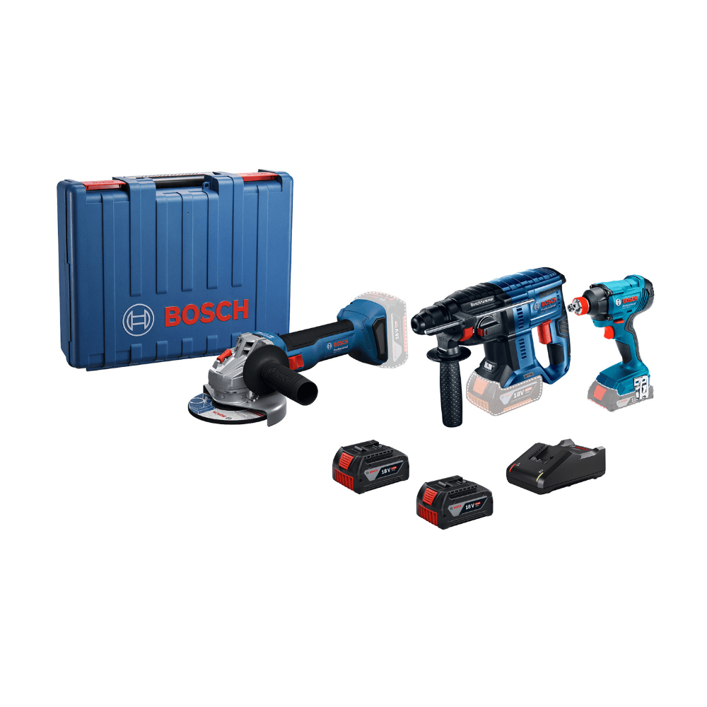 Amoladora Gws 18v-8 + Rotomartillo Gbh 180 + Llave de impacto Gdx 180-li + 2 Baterías + Cargador + Maletín Bosch