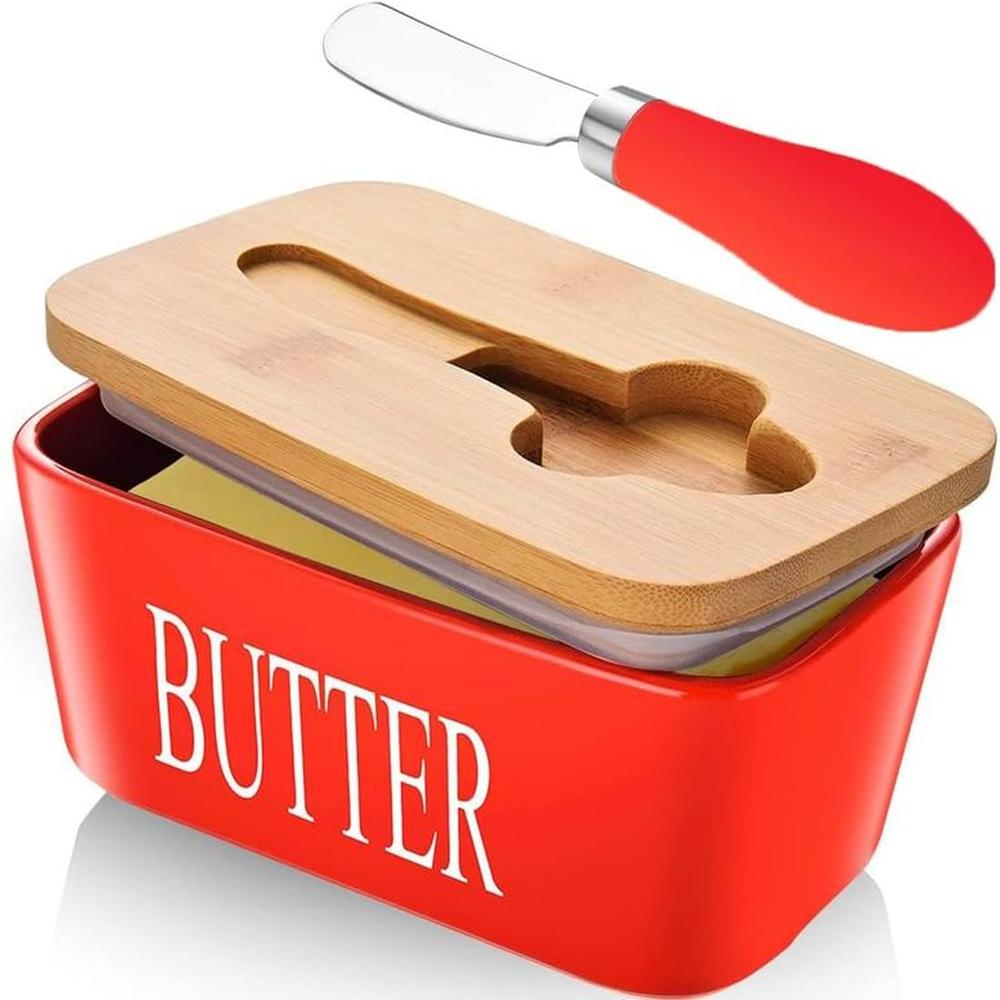 Mantequillera Porcelana con Cuchillo Tapa de Madera Hermética Rojo