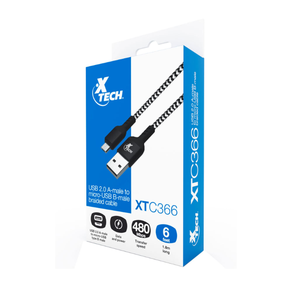 Cable USB Xtech 1.8 m trenzado, tipo A a micro-USB 5 pin, elegante negro y blanco, alta durabilidad