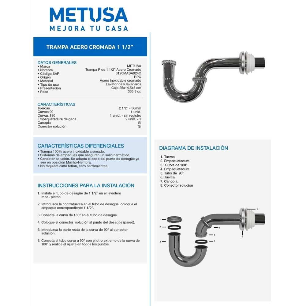 Trampa P cromada para lavadero 1 1/2" Metusa - Promart