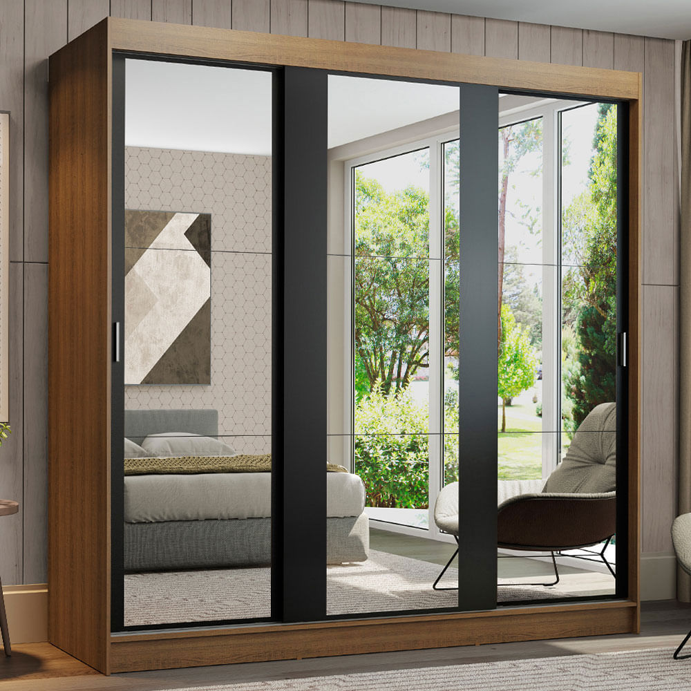 Ropero Reno 3 Puertas Corredizas con Espejos Marrón/Negro
