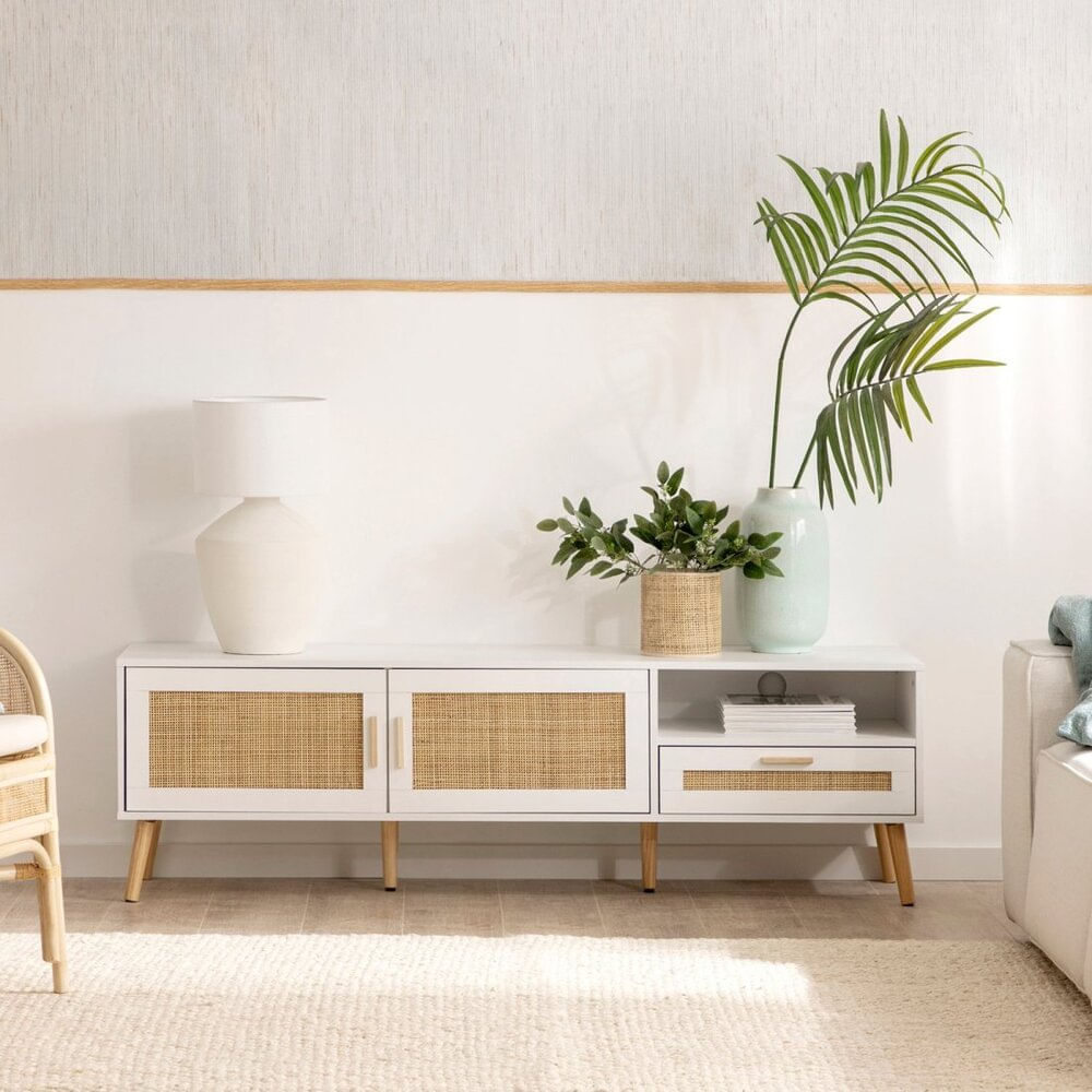 Mesa para TV con Ratán Hanna 160 cm Blanco R&R MUEBLES