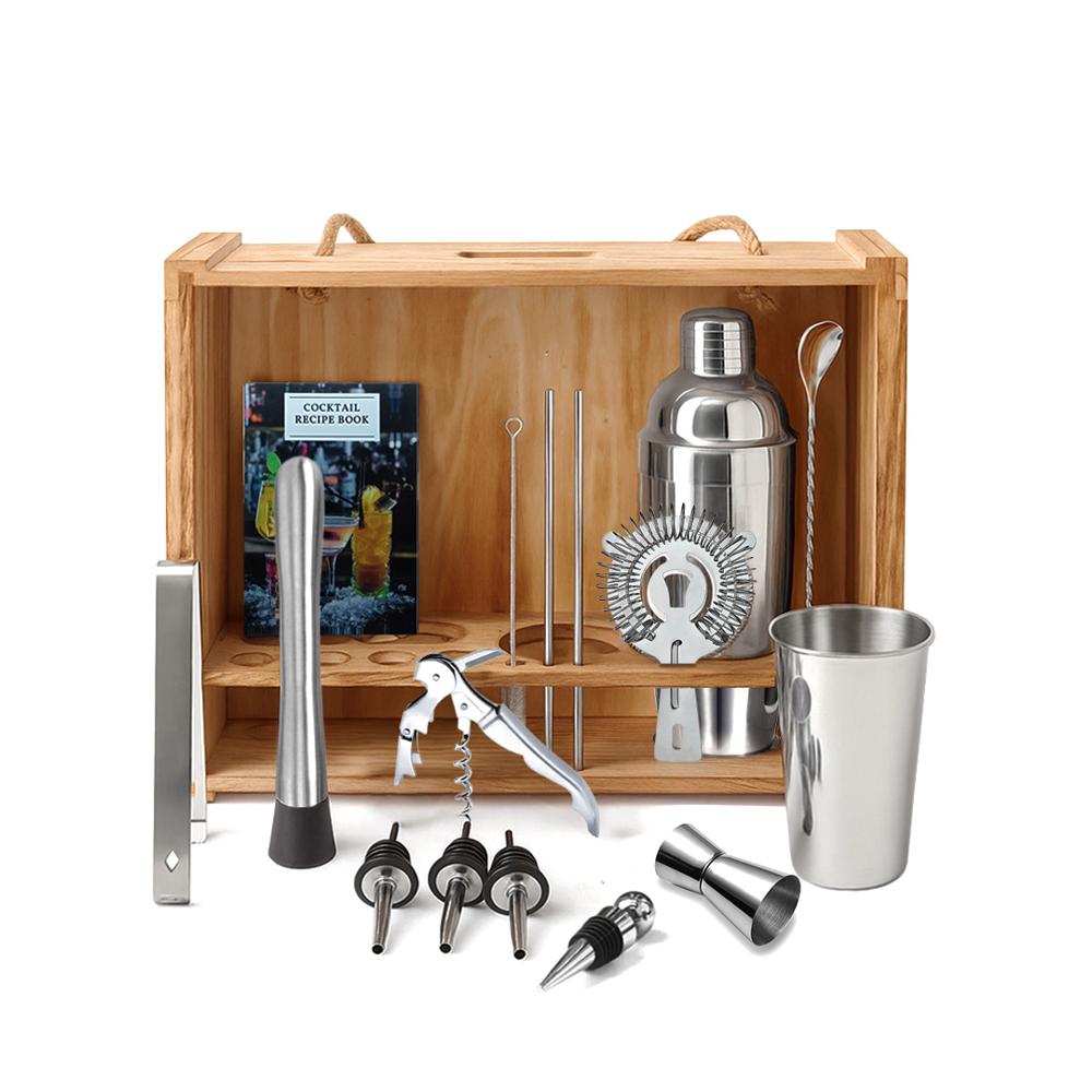 Set de Bar Premium x 16 Piezas de Acero Inoxidable con Soporte Colgante de Madera