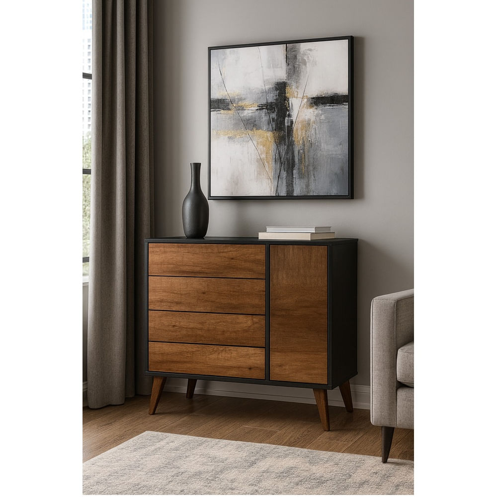 Aparador Moderno Wiese 4 Cajones 1 Puerta Negro/Caramelo TU MESITA