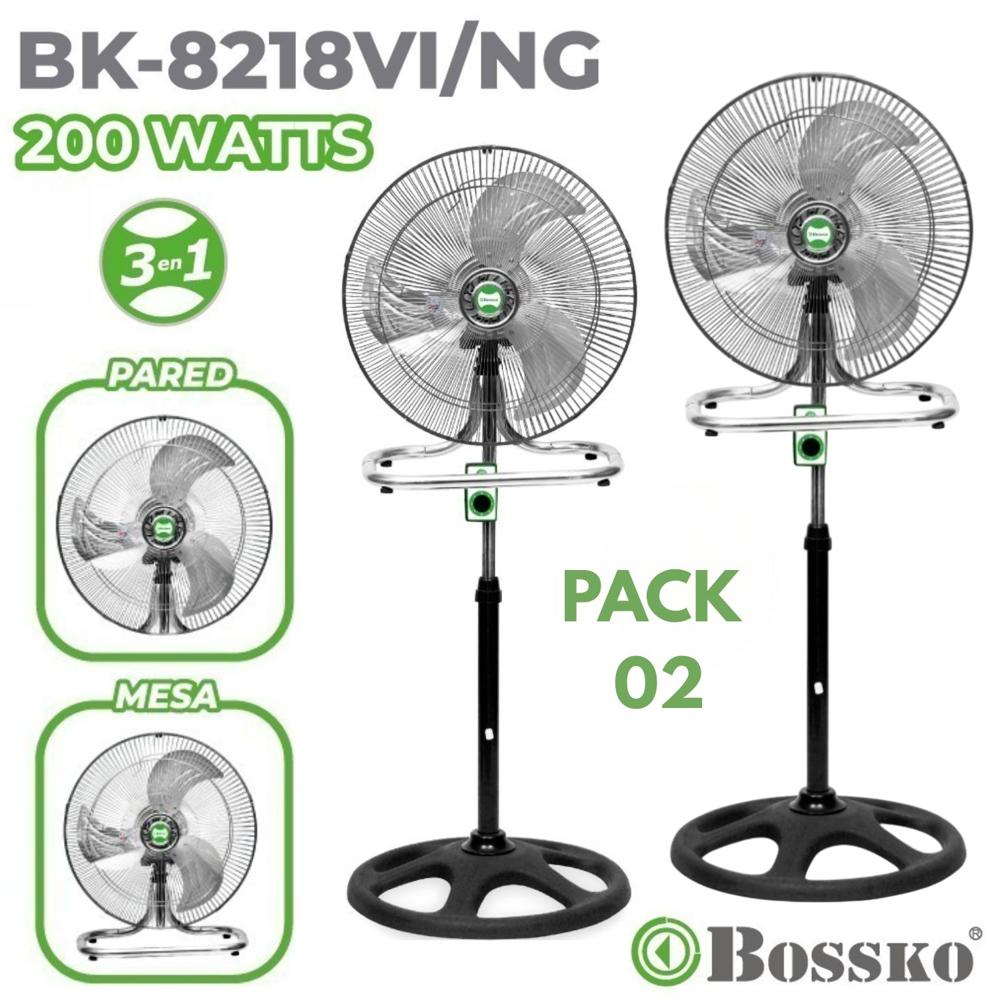 Pack 02 unidades Ventilador Bossko BK 8218 Negro 200 Watts, 3 en 1 Pedestal, Mesa y Pared