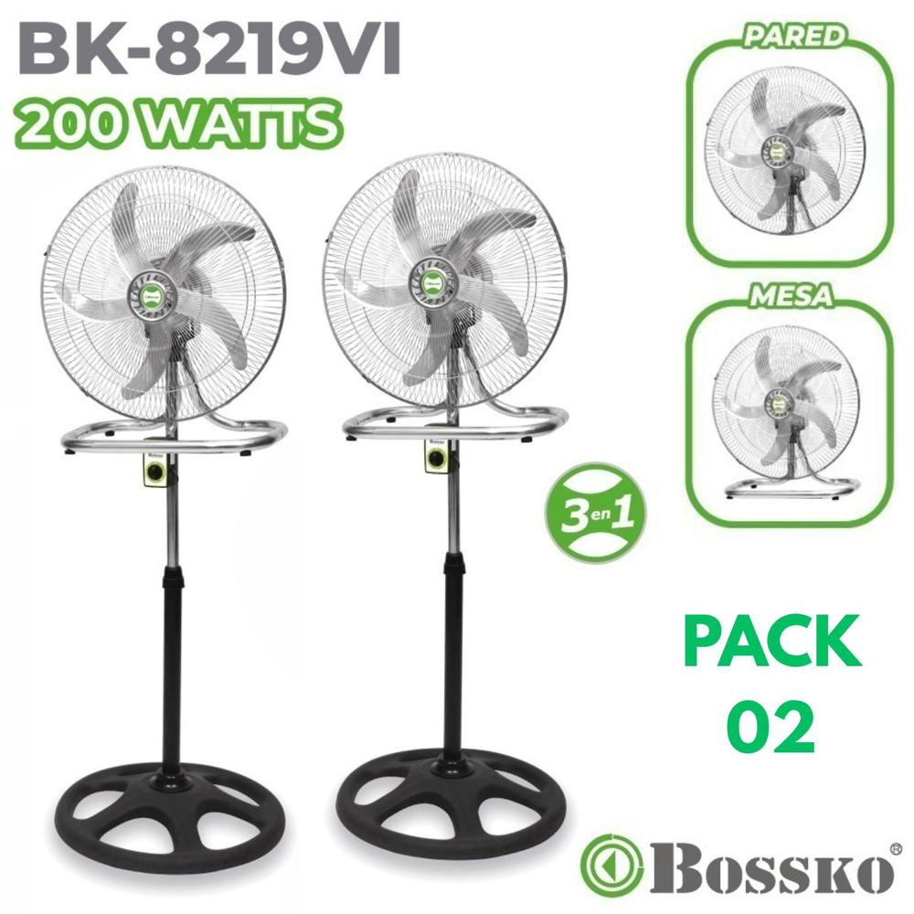 Pack 02 unidades Ventilador Bossko BK 8219 Plateado 200 Watts, 3 en 1 Pedestal, Mesa y Pared