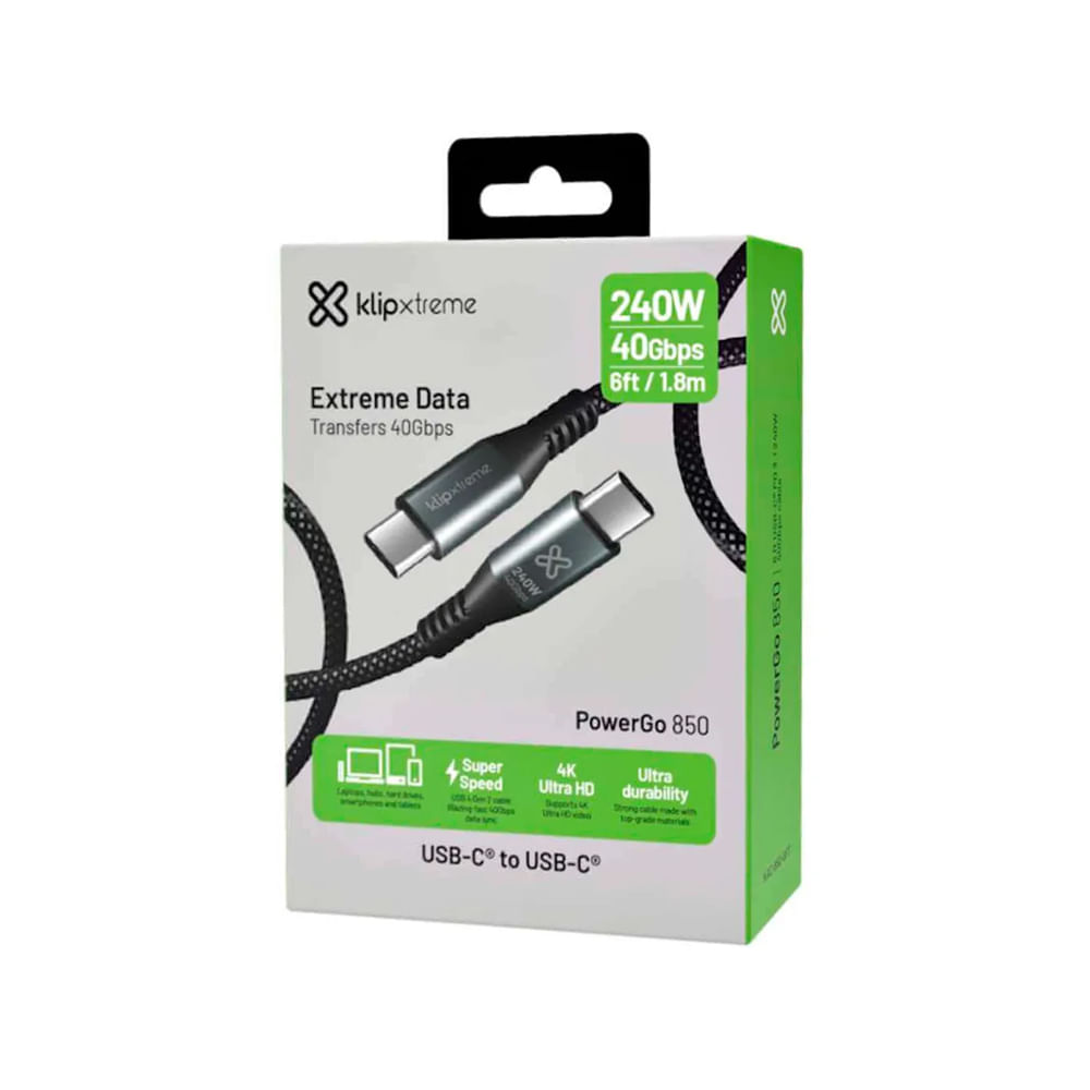 Cable USB-C Klip Xtreme 1.8 m Negro, Carga Rápida 240W, 24 Pines, Trenzado Durable