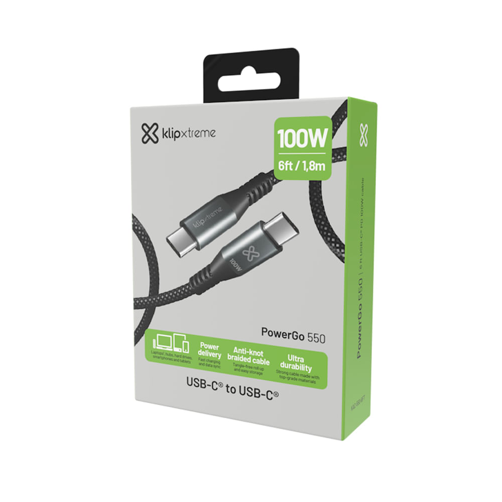 USB-C Cable Klip Xtreme 1.8m Negro 24 Pin - Carga Rápida 100W y Diseño Trenzado