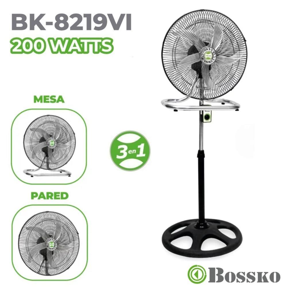 Ventilador Bossko BK 8219VI Malla Negro 200 Watts, 3 en 1 Pedestal, Mesa y Pared