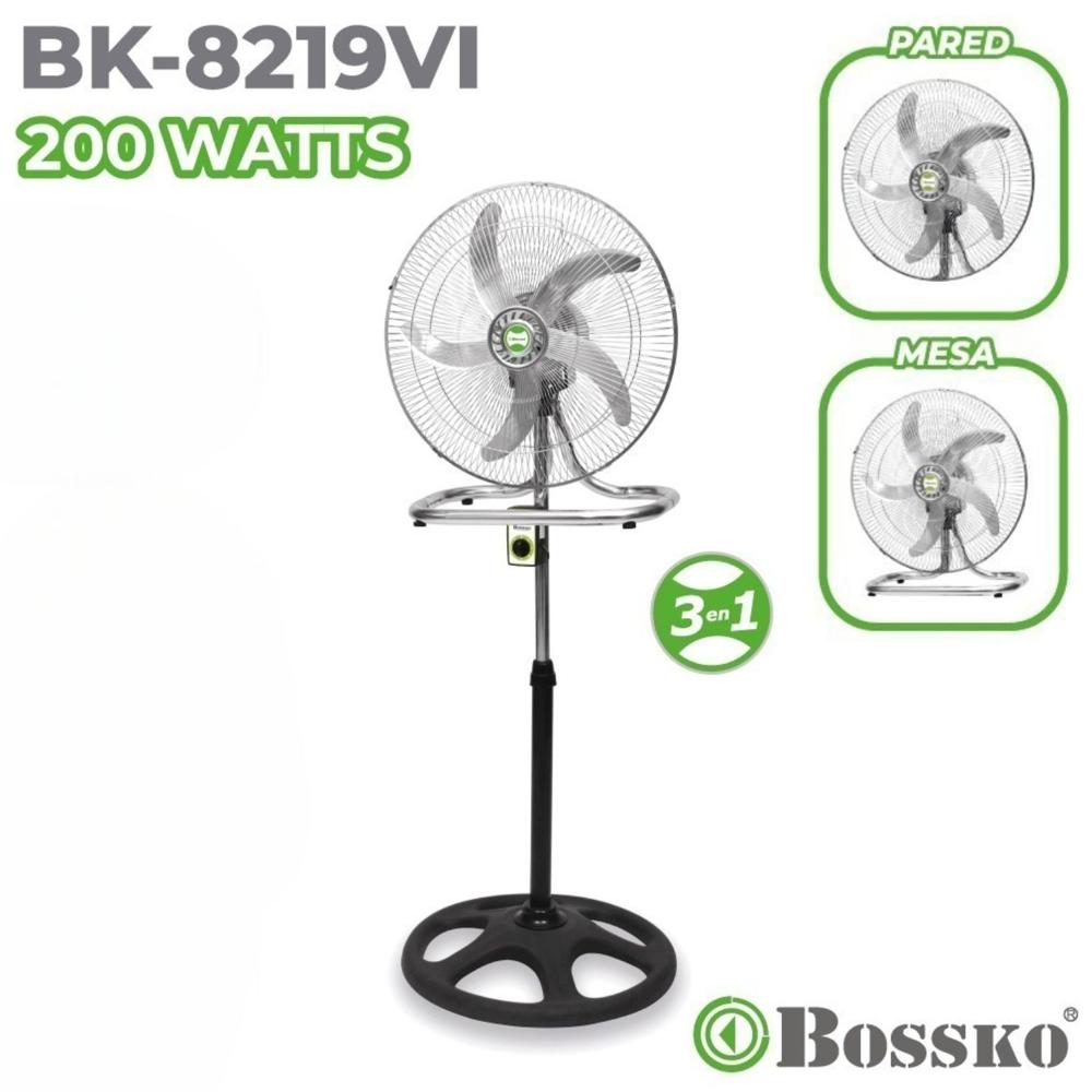 Ventilador Bossko BK 8219VI Malla Plateado 200 Watts, 3 en 1 Pedestal, Mesa y Pared